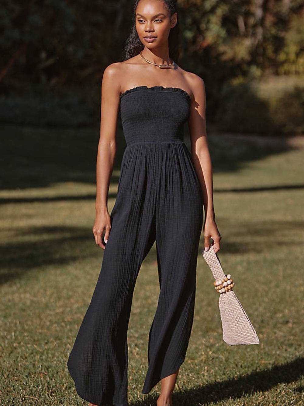 Celandine by Anthropologie Strapless Smocked Wide-Leg Jumpsuit in Black